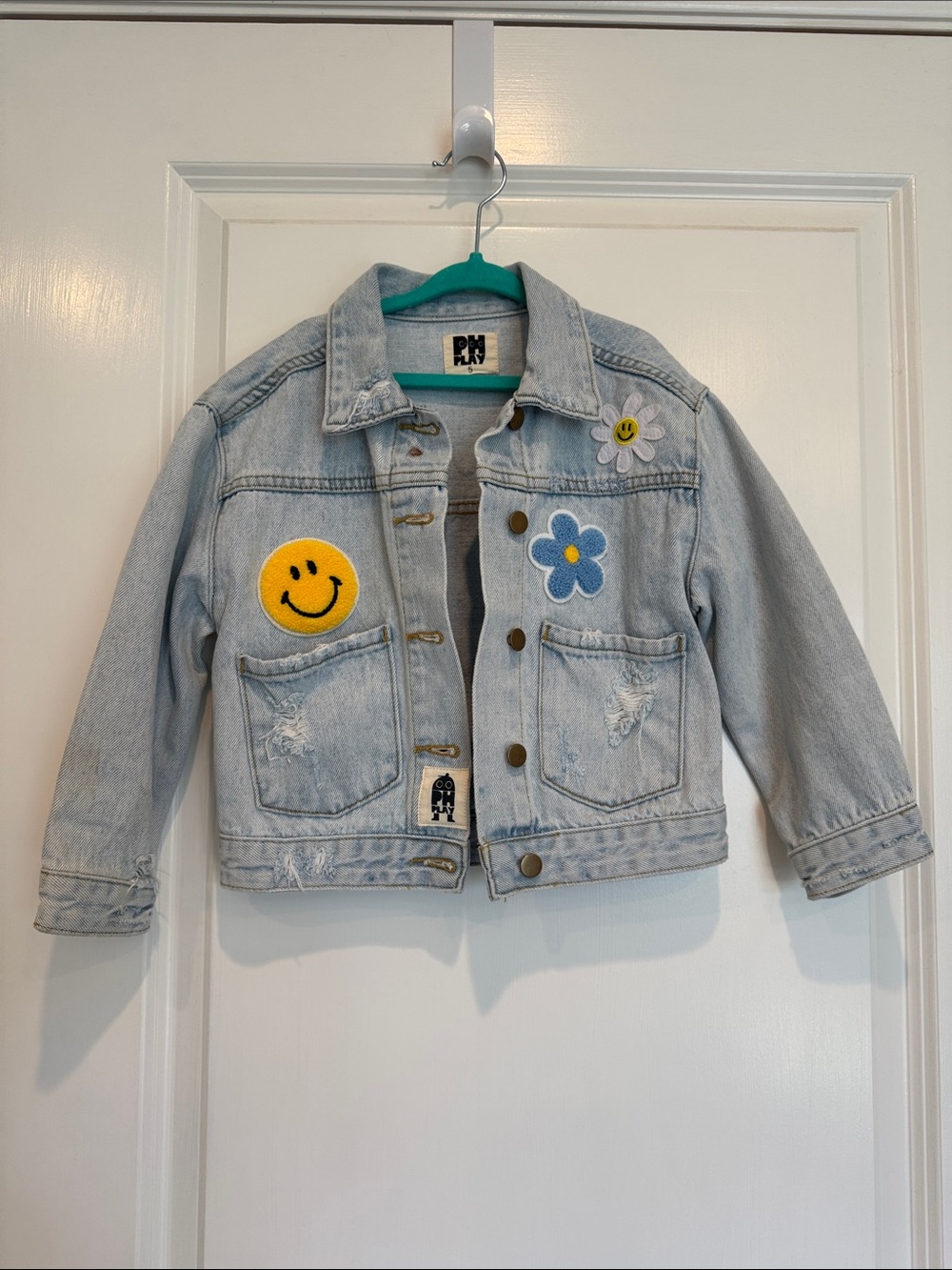 Kids Light Wash Denim Jacket with Smiley & Floral Patches | Size 5